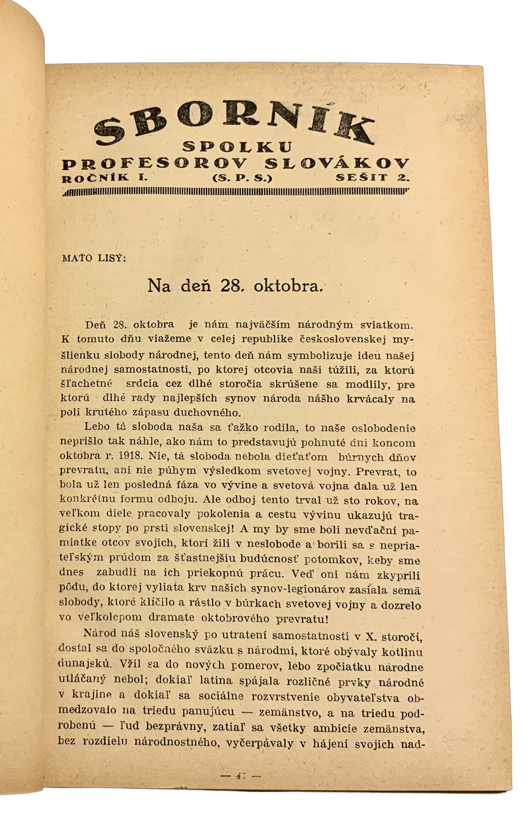 Sborník Spolku profesorov Slovákov - obraz života slovenských stredných škôl a ich profesorov. Roč. I.-II. 1922-23
